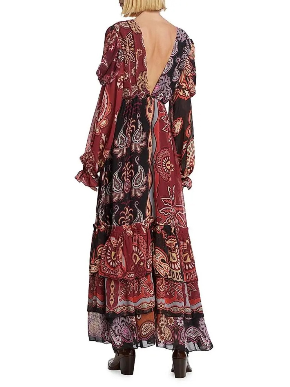 Farm Rio Boho Paisley V-Neck Maxi Dress in Burgundy - Picture 2 of 9